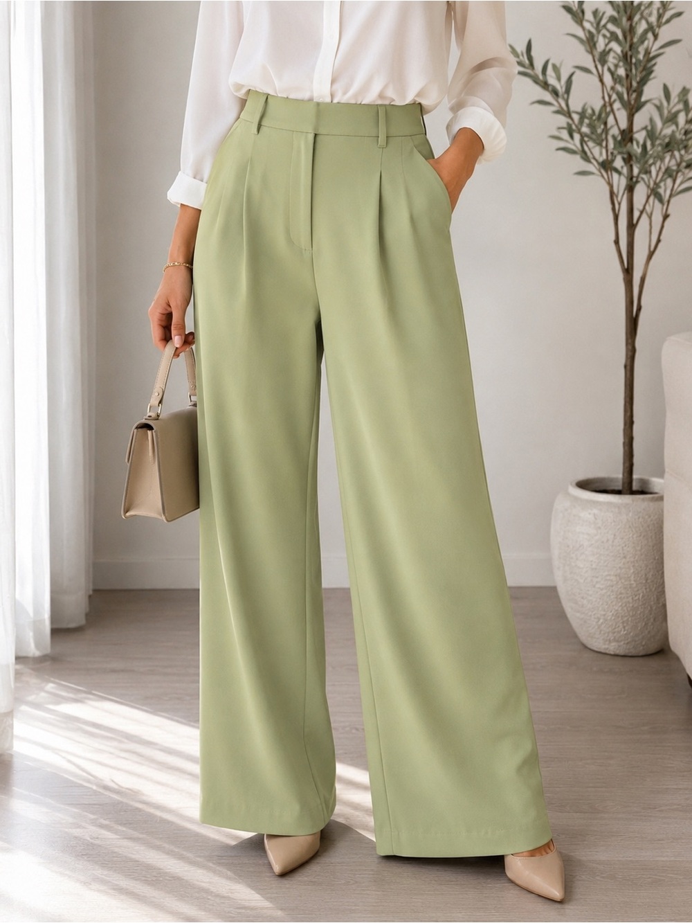 Kourt Wide Leg Dress Pants Women’s Small Sage Green High Rise Office Career